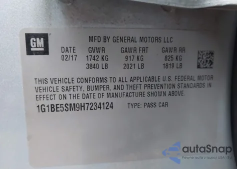 2017 Chevrolet Cruze Lt Auto из США, поврежденный, VIN 1G1BE5SM9H7234124